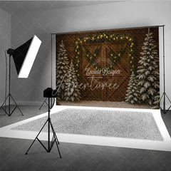 Aperturee - Aperturee Rustic Christmas Barn Door Photography Backdrop Snowy Trees with Garland and String Lights Holiday Background