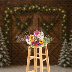 Aperturee - Aperturee Rustic Christmas Barn Door Photography Backdrop Snowy Trees with Garland and String Lights Holiday Background