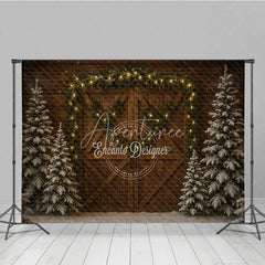 Aperturee - Aperturee Rustic Christmas Barn Door Photography Backdrop Snowy Trees with Garland and String Lights Holiday Background