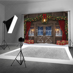 Aperturee - Aperturee Rustic Christmas Barn Photography Backdrop Snowy Windows with Garland Farmhouse Holiday Photo Background