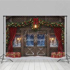 Aperturee - Aperturee Rustic Christmas Barn Photography Backdrop Snowy Windows with Garland Farmhouse Holiday Photo Background