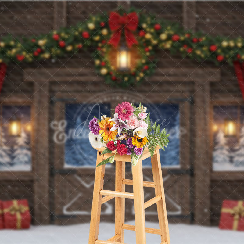 Aperturee - Aperturee Rustic Christmas Barn Photography Backdrop Snowy Windows with Garland Farmhouse Holiday Photo Background