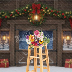 Aperturee - Aperturee Rustic Christmas Barn Photography Backdrop Snowy Windows with Garland Farmhouse Holiday Photo Background