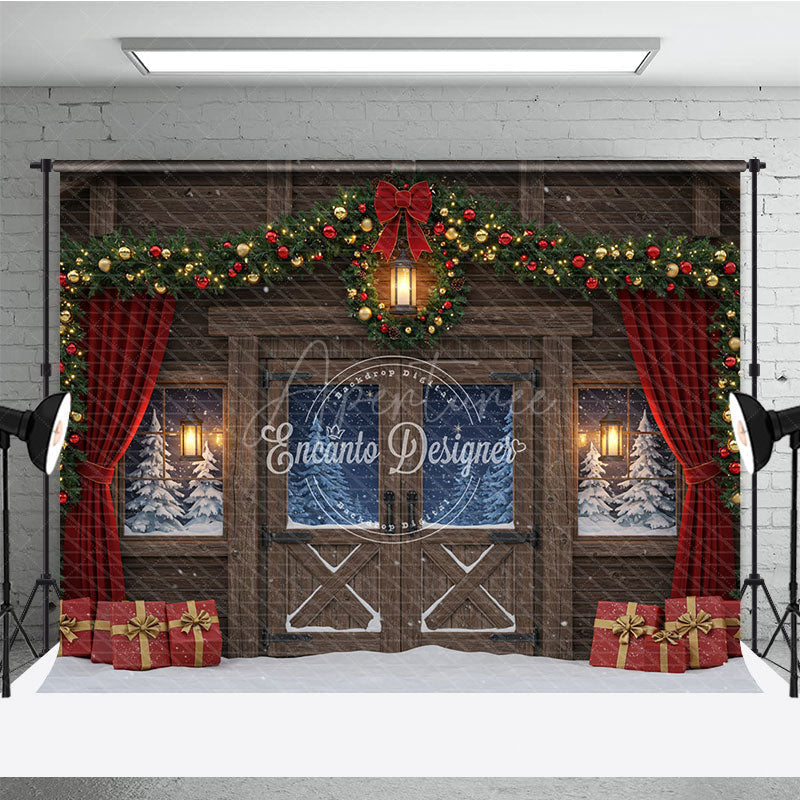 Aperturee - Aperturee Rustic Christmas Barn Photography Backdrop Snowy Windows with Garland Farmhouse Holiday Photo Background