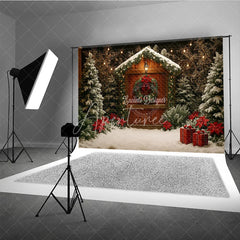 Aperturee - Aperturee Rustic Christmas Cabin Photography Backdrop Wood Barn in the Snow with Poinsettias Holiday Photo Background