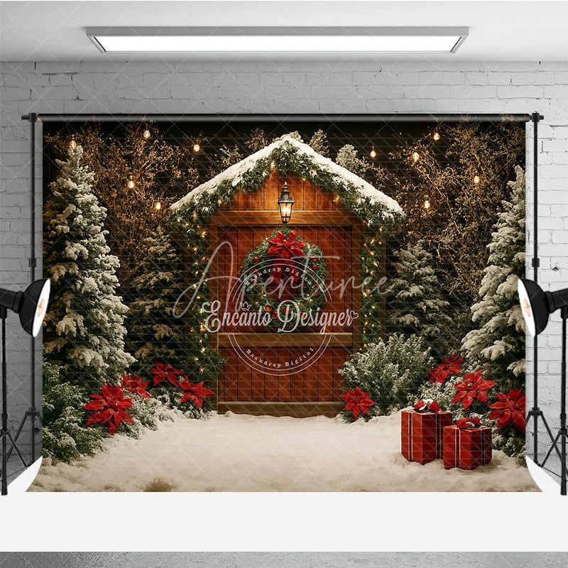 Aperturee - Aperturee Rustic Christmas Cabin Photography Backdrop Wood Barn in the Snow with Poinsettias Holiday Photo Background