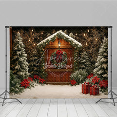 Aperturee - Aperturee Rustic Christmas Cabin Photography Backdrop Wood Barn in the Snow with Poinsettias Holiday Photo Background