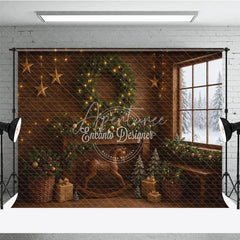 Aperturee - Aperturee Rustic Christmas Cabin Photography Backdrop Wood Wall with Rocking Horse Snowy Window Holiday Background