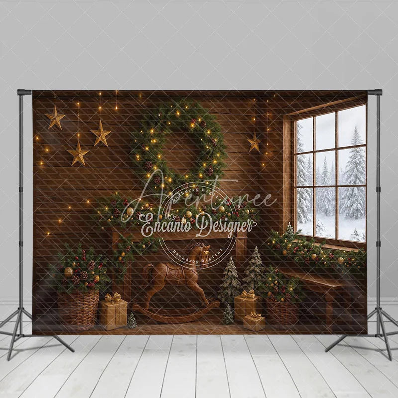 Aperturee - Aperturee Rustic Christmas Cabin Photography Backdrop Wood Wall with Rocking Horse Snowy Window Holiday Background