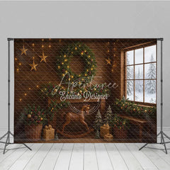 Aperturee - Aperturee Rustic Christmas Cabin Photography Backdrop Wood Wall with Rocking Horse Snowy Window Holiday Background