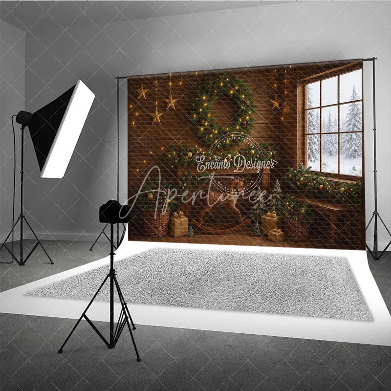 Aperturee - Aperturee Rustic Christmas Cabin Photography Backdrop Wood Wall with Rocking Horse Snowy Window Holiday Background