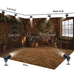 Aperturee - Aperturee Rustic Christmas Cabin Room Set Backdrop Wood Walls with Rocking Horse and Snowy Window Holiday Photo Studio