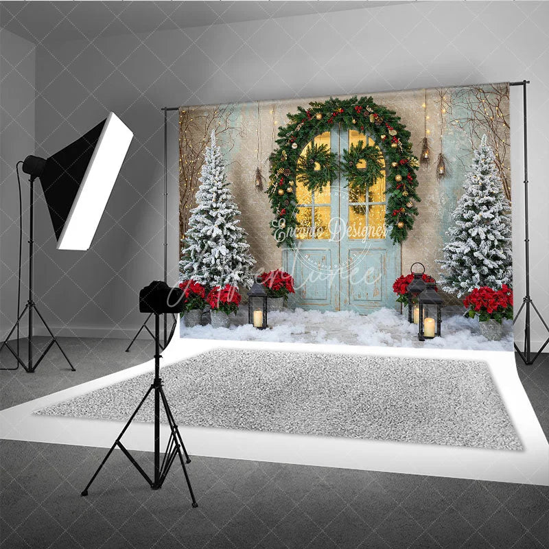 Aperturee - Aperturee Rustic Christmas Door Photography Backdrop Blue Door in Snow with Garland Winter Holiday Photo Background