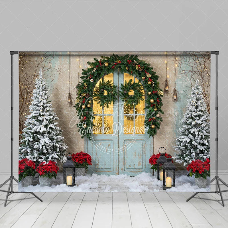 Aperturee - Aperturee Rustic Christmas Door Photography Backdrop Blue Door in Snow with Garland Winter Holiday Photo Background