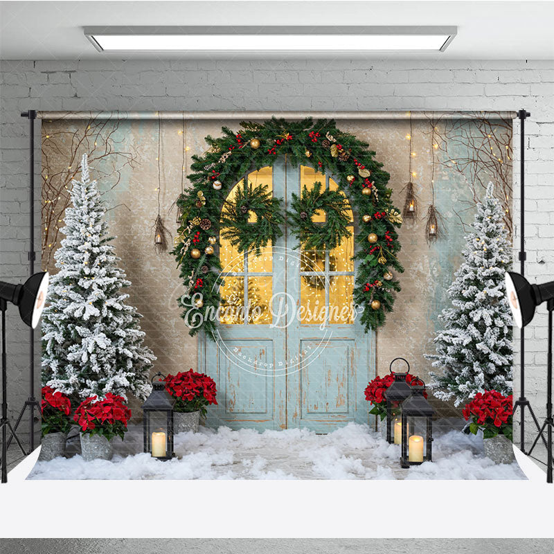 Aperturee - Aperturee Rustic Christmas Door Photography Backdrop Blue Door in Snow with Garland Winter Holiday Photo Background