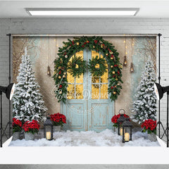 Aperturee - Aperturee Rustic Christmas Door Photography Backdrop Blue Door in Snow with Garland Winter Holiday Photo Background