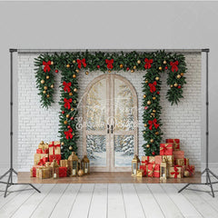 Aperturee - Aperturee Rustic Christmas Door Photography Backdrop White Brick Wall with Garland Farmhouse Holiday Photo Background
