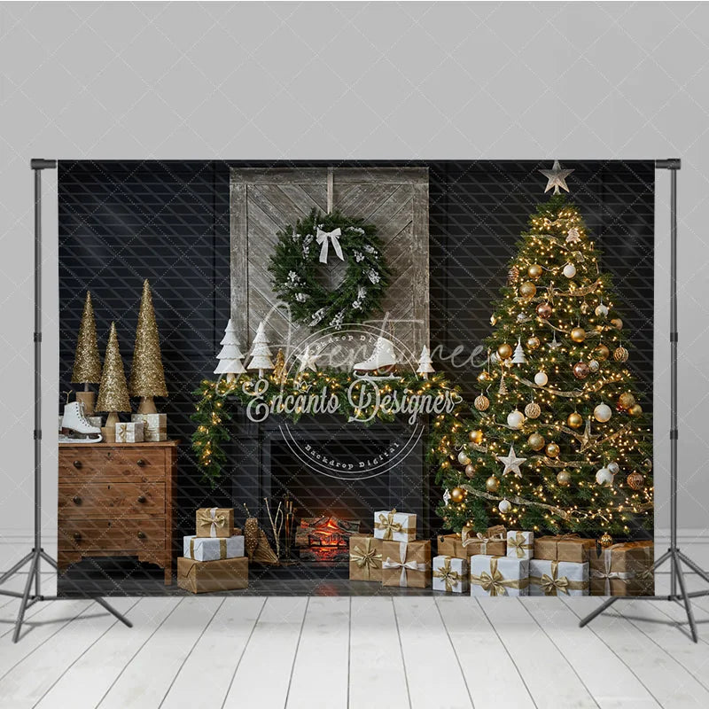 Aperturee - Aperturee Rustic Christmas Fireplace Photography Backdrop Barn Door Mantle with Skates Farmhouse Holiday Photo Background