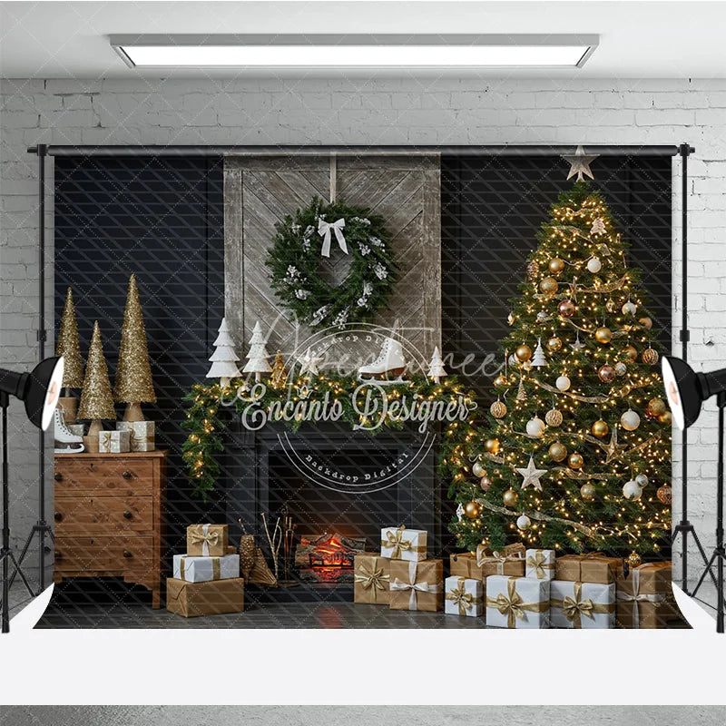 Aperturee - Aperturee Rustic Christmas Fireplace Photography Backdrop Barn Door Mantle with Skates Farmhouse Holiday Photo Background