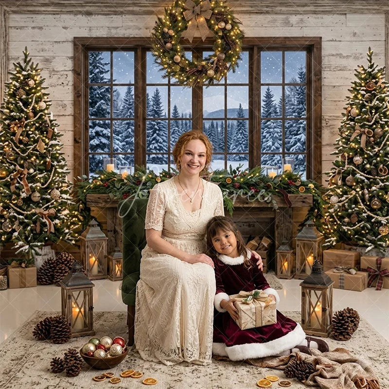 Aperturee - Aperturee Rustic Christmas Fireplace Snowy Window Combo Set Backdrop with Decorated Trees and Holiday Garland