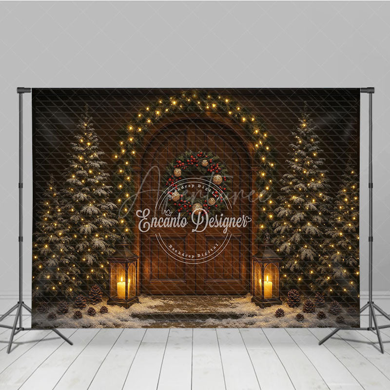 Aperturee - Aperturee Rustic Christmas Front Door Photography Backdrop Snowy Porch with Garland and Lanterns Holiday Photo Background