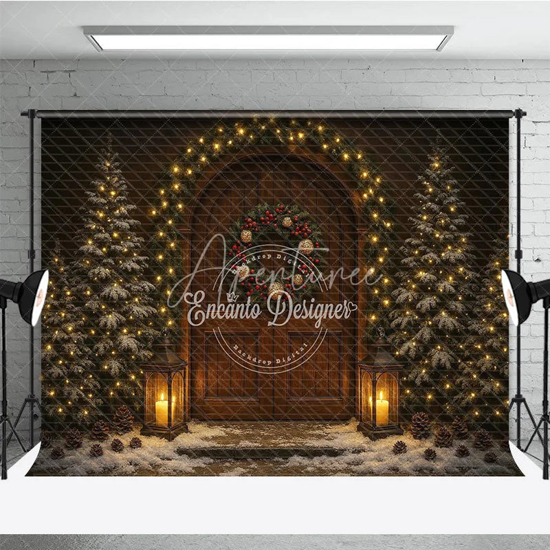Aperturee - Aperturee Rustic Christmas Front Door Photography Backdrop Snowy Porch with Garland and Lanterns Holiday Photo Background