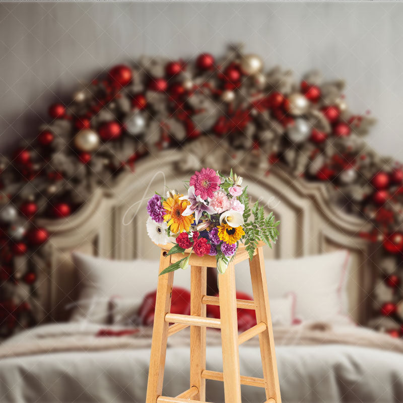 Aperturee Aperturee Rustic Christmas Headboard Photography Backdrop Frosted Garland with Red Ornaments Farmhouse Bedroom Photo Prop