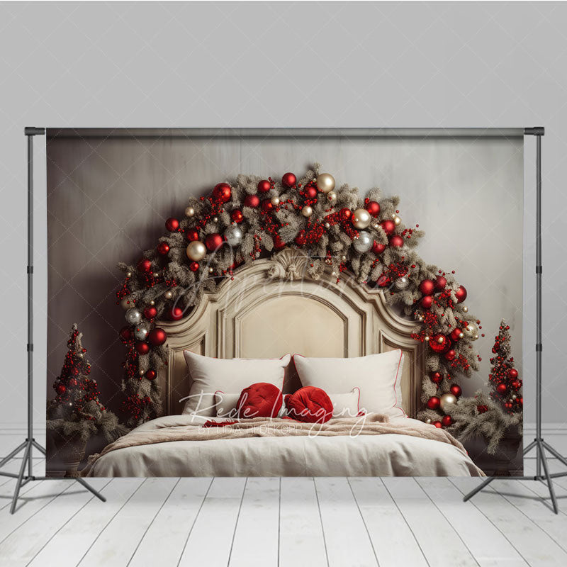 Aperturee Aperturee Rustic Christmas Headboard Photography Backdrop Frosted Garland with Red Ornaments Farmhouse Bedroom Photo Prop