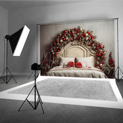 Aperturee Aperturee Rustic Christmas Headboard Photography Backdrop Frosted Garland with Red Ornaments Farmhouse Bedroom Photo Prop