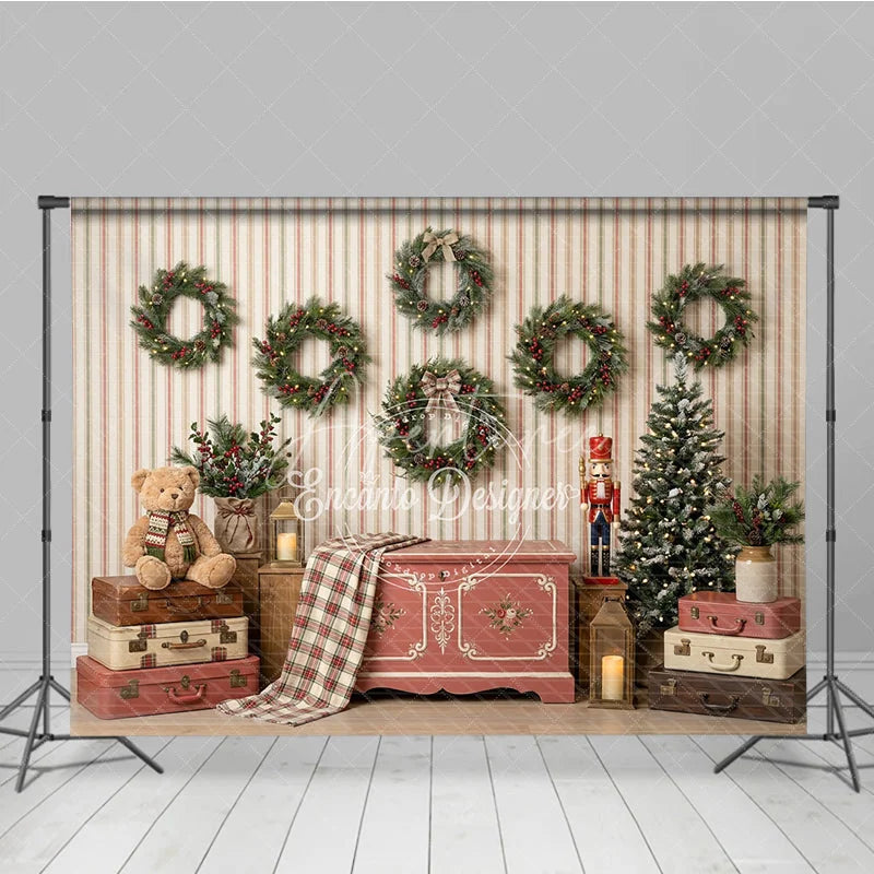 Aperturee - Aperturee Rustic Christmas Holiday Backdrop with Evergreen Wreaths Flocked Tree and Vintage Suitcases for Festive Photos