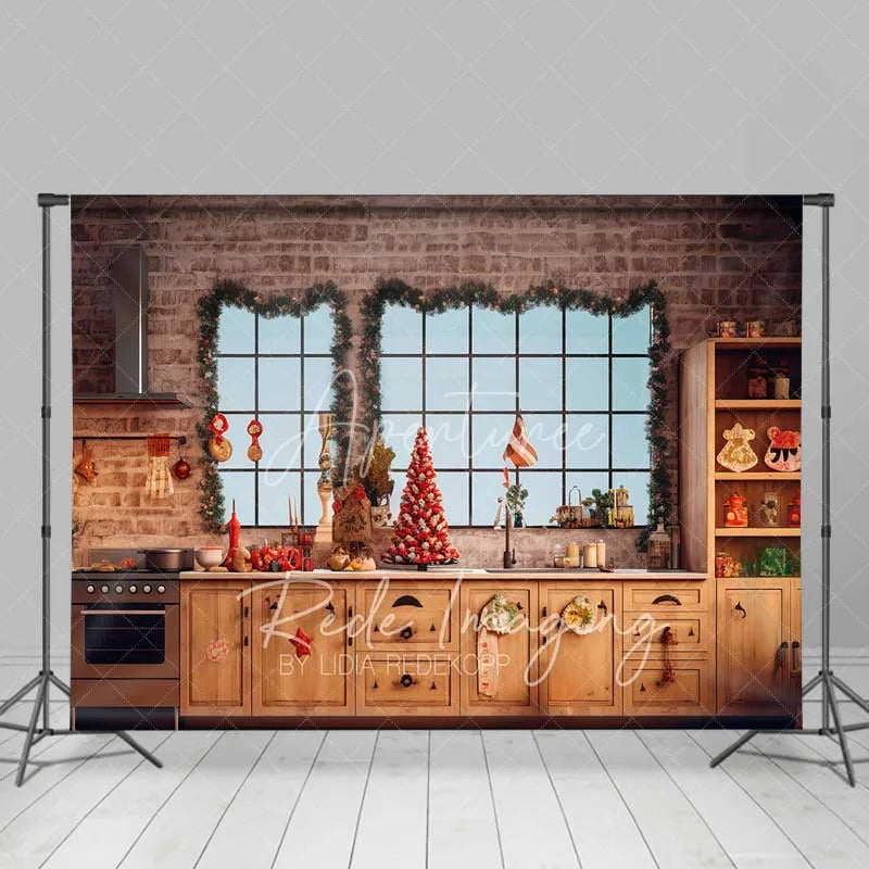 Aperturee - Aperturee Rustic Christmas Kitchen Backdrop Brick Wall Large Windows Red Berry Tree Baking Scene Photo Background