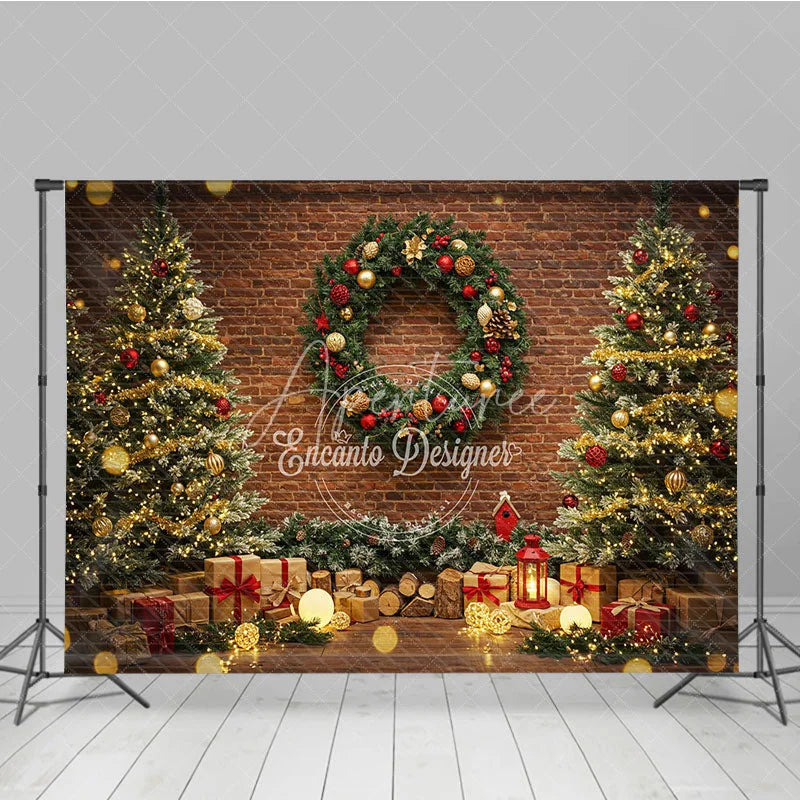 Aperturee - Aperturee Rustic Christmas Photography Backdrop Brick Wall with Trees and Wreath Bokeh Lights Holiday Photo Background