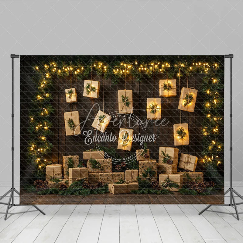 Aperturee - Aperturee Rustic Christmas Photography Backdrop with Hanging Lighted Presents Dark Wood Wall Unique Holiday Photo Background