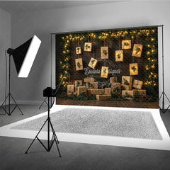 Aperturee - Aperturee Rustic Christmas Photography Backdrop with Hanging Lighted Presents Dark Wood Wall Unique Holiday Photo Background