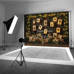Aperturee - Aperturee Rustic Christmas Photography Backdrop with Hanging Lighted Presents Dark Wood Wall Unique Holiday Photo Background