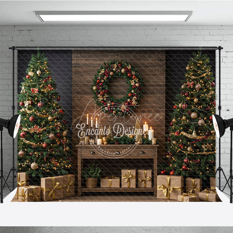 Aperturee - Aperturee Rustic Christmas Photography Backdrop Wood Wall with Trees and Wreath Farmhouse Holiday Mini Session Background
