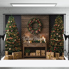 Aperturee - Aperturee Rustic Christmas Photography Backdrop Wood Wall with Trees and Wreath Farmhouse Holiday Mini Session Background