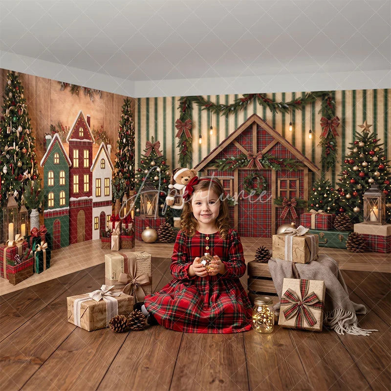 Aperturee - Aperturee Rustic Christmas Room Set Backdrop with Decorated Trees Cozy Houses and Teddy Bear Winter Holiday Photo Prop
