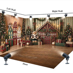 Aperturee - Aperturee Rustic Christmas Room Set Backdrop with Decorated Trees Cozy Houses and Teddy Bear Winter Holiday Photo Prop