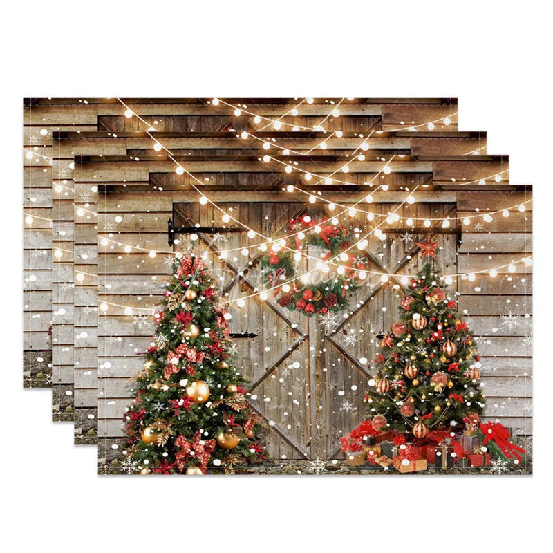 Aperturee - Aperturee Rustic Christmas Set of 4 Placemats Barn Door with String Lights Xmas Trees Farmhouse Table Mats