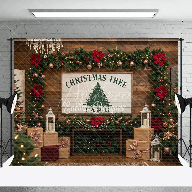 Aperturee - Aperturee Rustic Christmas Tree Farm Photography Backdrop Wood Wall with Chandelier Farmhouse Holiday Photo Background