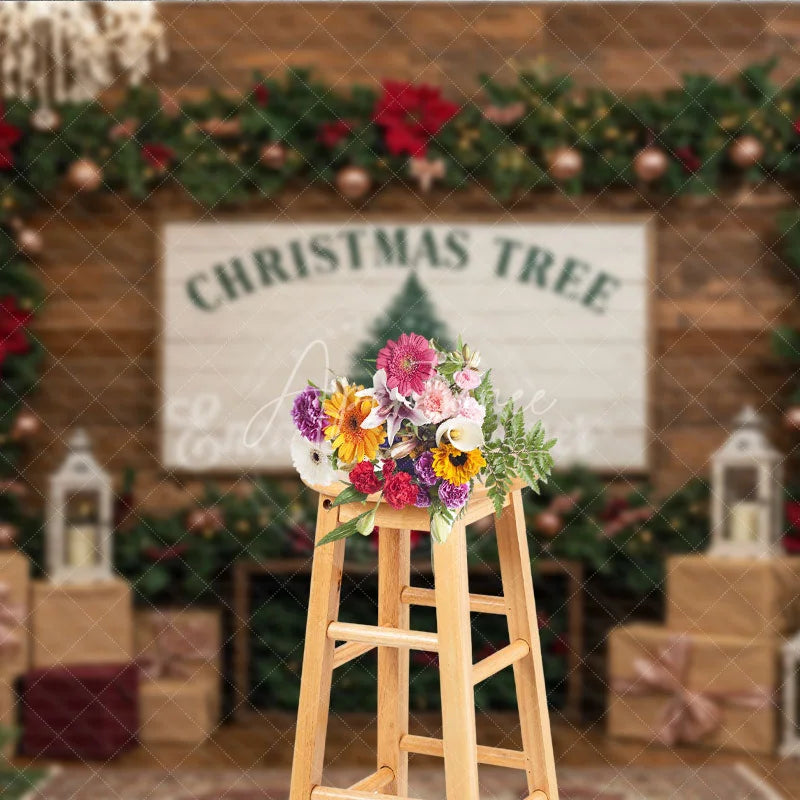 Aperturee - Aperturee Rustic Christmas Tree Farm Photography Backdrop Wood Wall with Chandelier Farmhouse Holiday Photo Background
