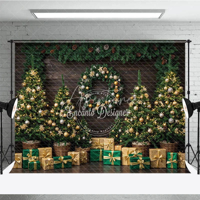 Aperturee - Aperturee Rustic Christmas Tree Farm Photography Backdrop Wood Wall with Garland Green and Gold Holiday Background