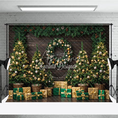 Aperturee - Aperturee Rustic Christmas Tree Farm Photography Backdrop Wood Wall with Garland Green and Gold Holiday Background