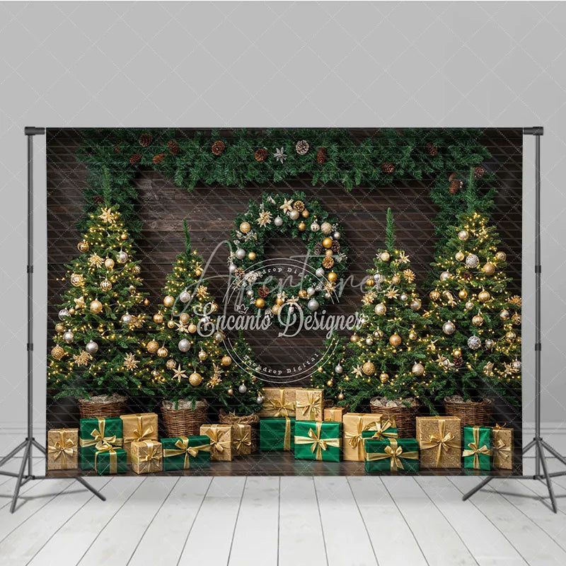 Aperturee - Aperturee Rustic Christmas Tree Farm Photography Backdrop Wood Wall with Garland Green and Gold Holiday Background