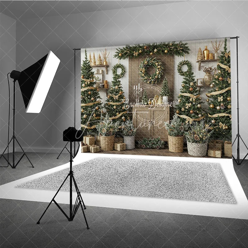 Aperturee - Aperturee Rustic Christmas Tree Farm Photography Backdrop Wooden Shelves with Wreaths Farmhouse Holiday Mini Session Background