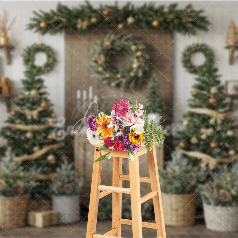 Aperturee - Aperturee Rustic Christmas Tree Farm Photography Backdrop Wooden Shelves with Wreaths Farmhouse Holiday Mini Session Background