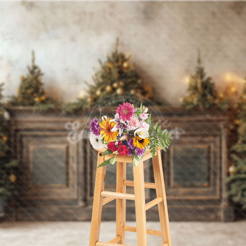 Aperturee - Aperturee Rustic Christmas Tree Photography Backdrop Farmhouse Wooden Console Decor Holiday Mini Session Background
