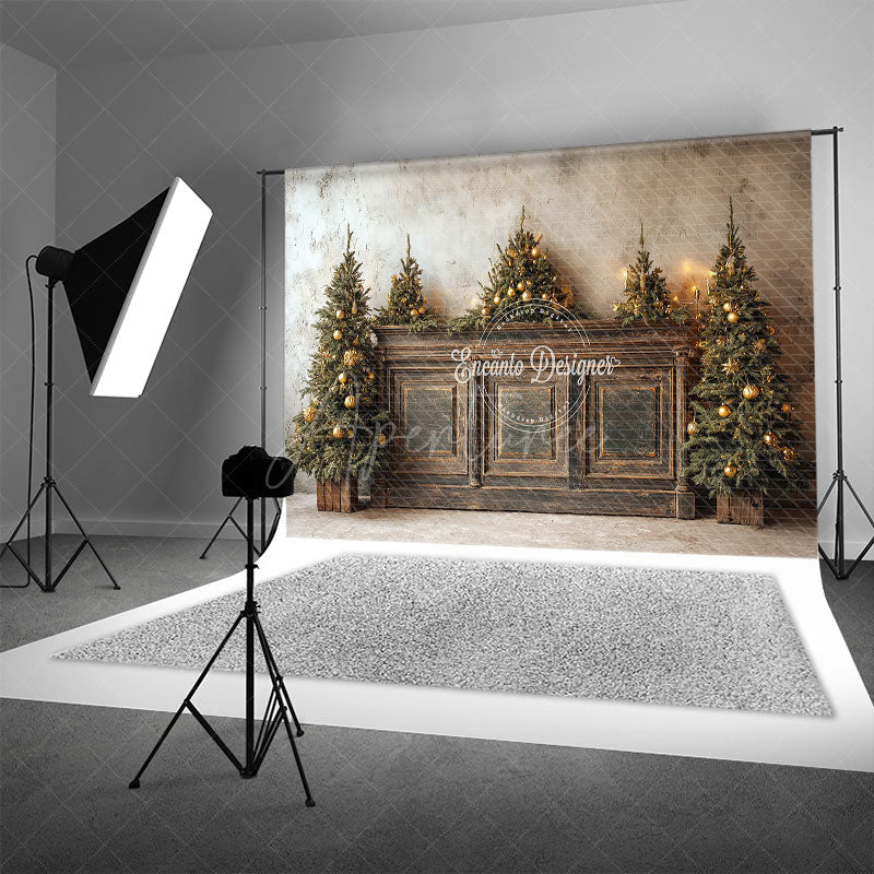 Aperturee - Aperturee Rustic Christmas Tree Photography Backdrop Farmhouse Wooden Console Decor Holiday Mini Session Background