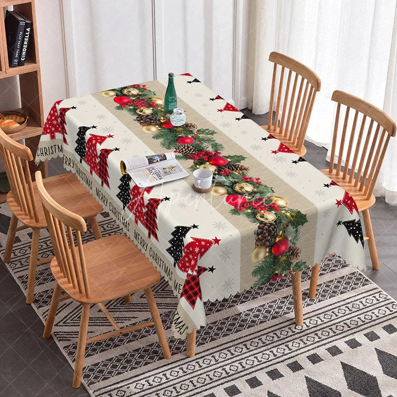 Aperturee - Aperturee Rustic Christmas Tree Rectangle Tablecloth with Red Plaid Burlap Runner Style Farmhouse Holiday Dining Decor